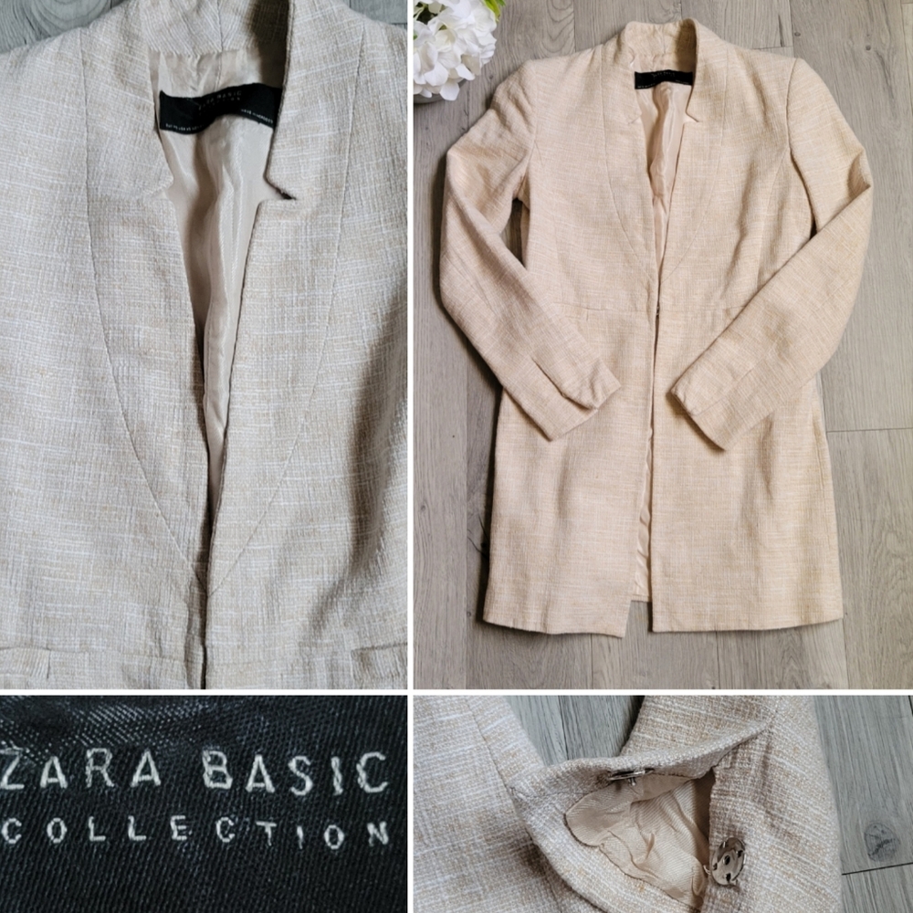 Zara Basic Collection Beige Tweed Inverted Lapel Long Blazer Frock, Women's XS
